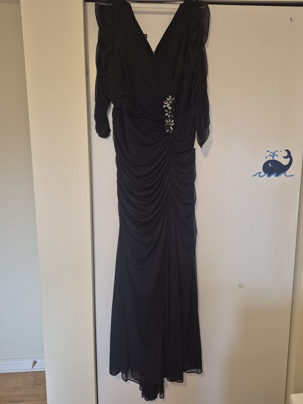 Adrianna Papell Navy,3/4 Sleeve, Ruched Evening Gown with Jewel Accent Gown